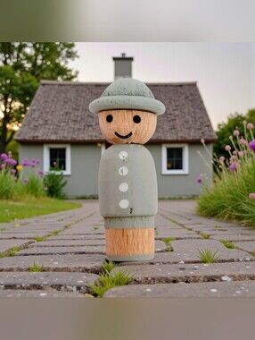 One 1.5" Hand Painted Mini Pocket Peg Doll People Dutch School Boy Gray Outfit.